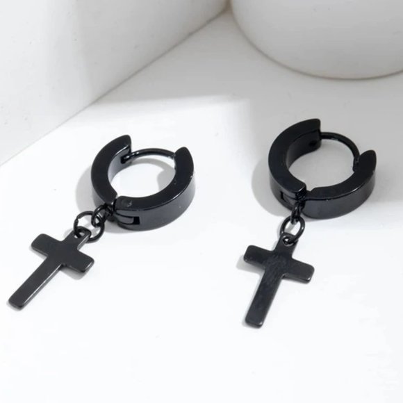 Stainless Steel Cross Drop Dangle Hoop Earrings Black Men Women NWT - Picture 4 of 4